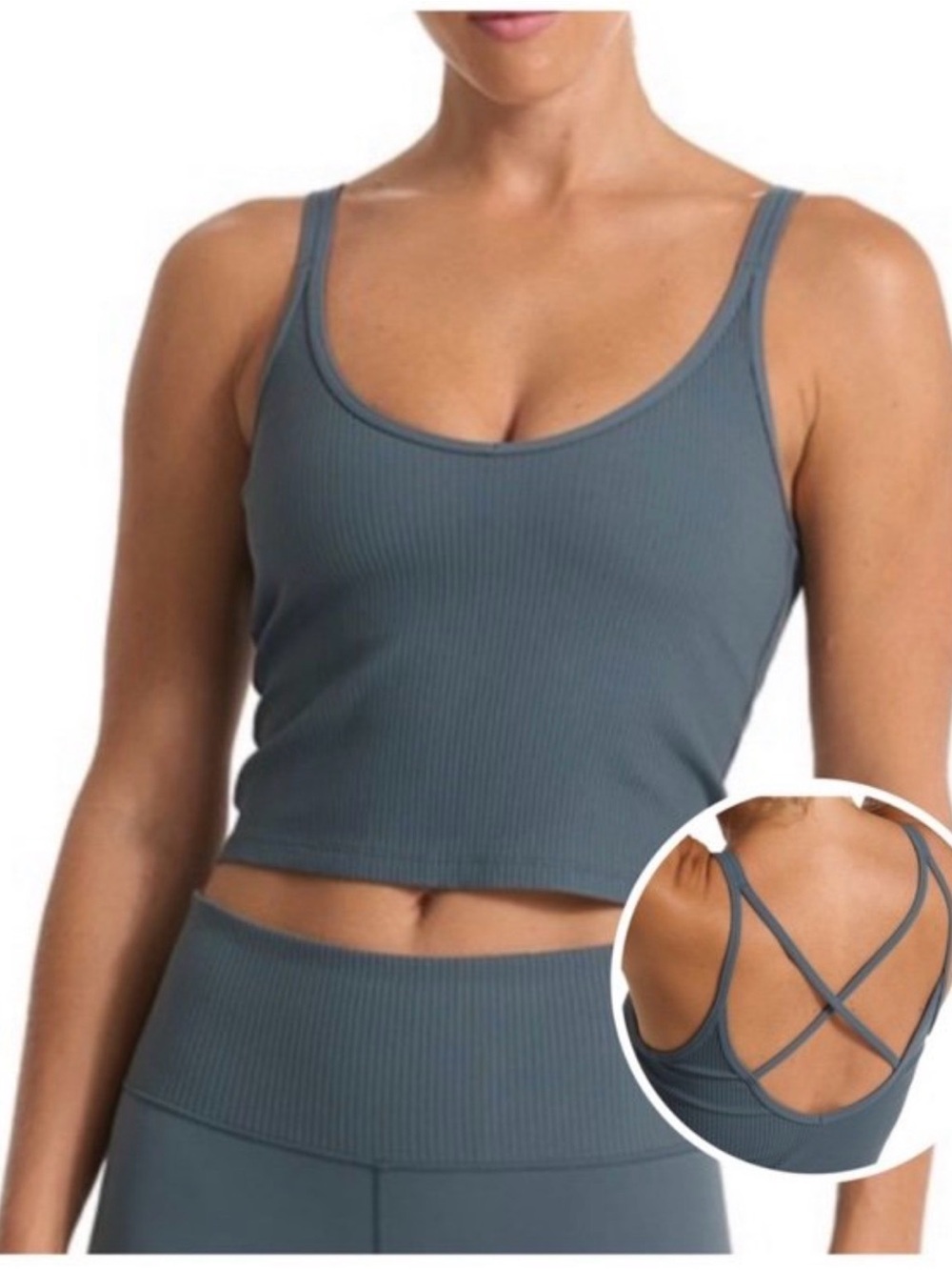Vuori Ribbed Scoop Crop Tank in Slate Blue